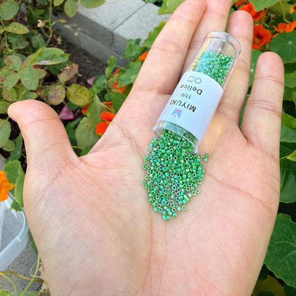 7.5g Miyuki Delica 11/0 Seed Beads, Opaque Rainbow Green DB163