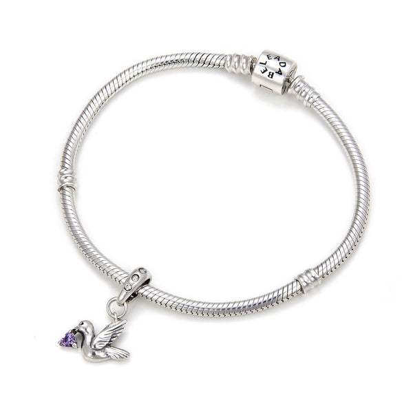 1pc 925 Sterling Silver Bird Charm, Freedom Lover February Birthstone Charm Drop, Purple Amethyst Cubic Zirconia CZ, 20mm Long, Hole ID 4.5mm, EC1-D2