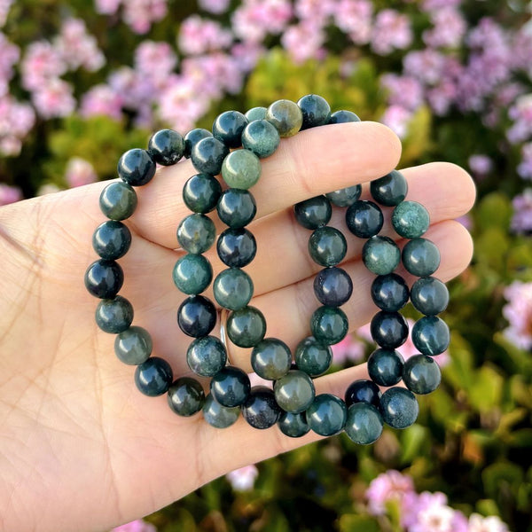 1 Strand Stretch Natural Moss Agate Beaded Gemstone Bracelet, 8mm Bead, Length Selections: 7 inch/7.5 inch/8 inch/8.5 inch