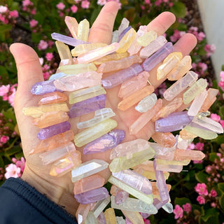 1 Strand Natural Raw Crystal Quartz Gemstone Beads, Medium Size Drilled Stone Points, Chakra Rainbow AB Titanium Coated Gem Stick, 15 Inch, GA-D6