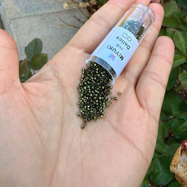 7.5g Miyuki Delica 11/0 Seed Beads, Opaque Metallic Olive DB11