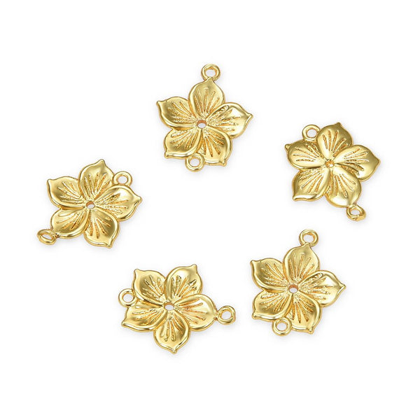 10pcs 12mm 2-Hole Flower Floral Links, Tarnish Resistant, 18K Yellow Gold Plated Brass, BFW-B12