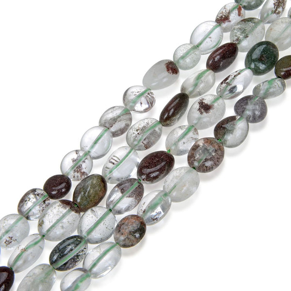 Natural Green Phantom Quartz Gemstone Oval Tumbled Pebble Beads, Irregular, 6mm to 8mm, Hole ID 1mm, 15 Inch/1 Strand, GZ11-33