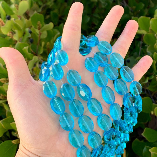 50pcs Creative Club Faceted Flat Oval Crystal Beads, Aquamarine Blue, 16x12mm/Large, Hole ID 1.1mm, CCO-10