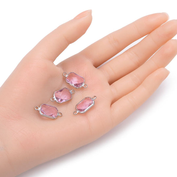 10pcs Grade A October Pink Birthstone Rectangle Radiant Cut Links, Sterling Silver Plated Brass, 14mm, CCP12-S10