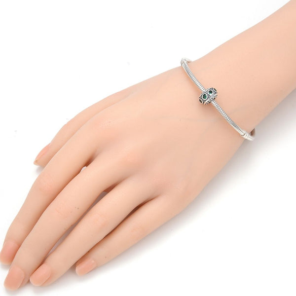 1pc 925 Sterling Silver May Birthstone Bead Charm, Green Emerald Cubic Zirconia CZ, 11x6.8mm, Hole ID 4.5mm, EC1-A5