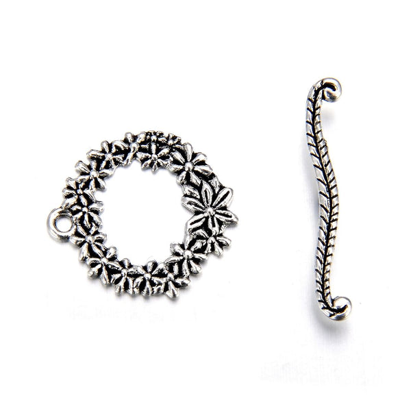 Adabele 20 Sets Flower Toggle Clasp, T-Bar Jewelry Closure, 20.3mm (0.8 Inch), Antique Silver, MC-AF3