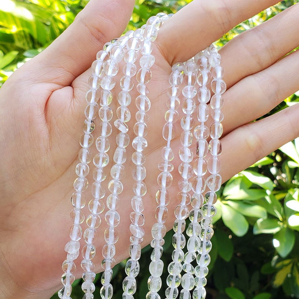 Natural Clear Crystal White Quartz Gemstone Oval Tumbled Pebble Beads, Irregular, 6mm to 8mm, Hole ID 1mm, 15 Inch/1 Strand, GZ11-37