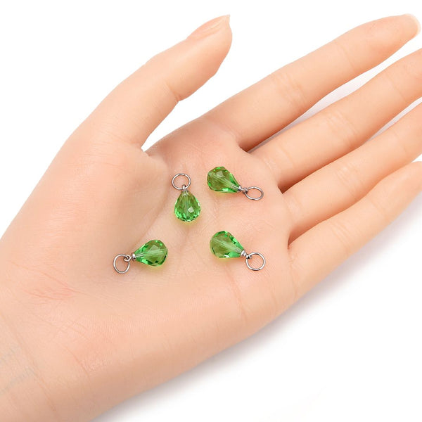 5pcs August Birthstone Charm Drops, 10mm Peridot Green Austrian Teardrop Crystal Beads, Sterling Silver Plated Open Jump Rings, BR6-8
