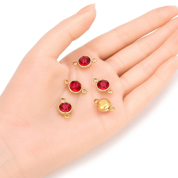 10pcs Grade A January Red Birthstone Links, 18K Yellow Gold Plated Stainless Steel, Tarnish Resistant, 10mm, CCP37-1