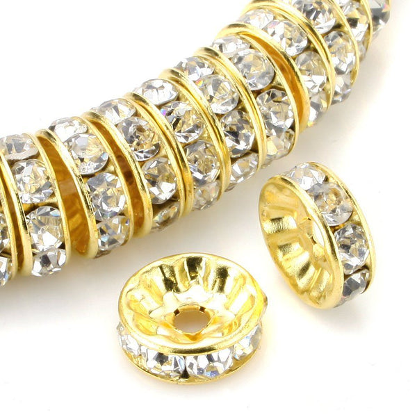 100pcs AAA Grade Rhinestone Rondelle Beads, 18K Yellow Gold Plated Brass, Clear Crystal Rhinestone, Color Selections: 4mm/5mm/6mm/8mm/10mm/12mm