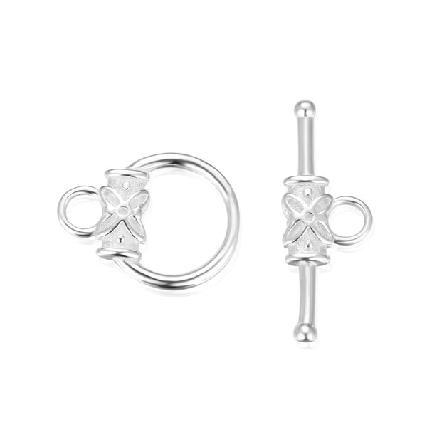5 Sets Tarnish Resistant Flower Pattern Round Toggle Clasps, Sterling Silver Plated Brass, 15mm, BF183-1