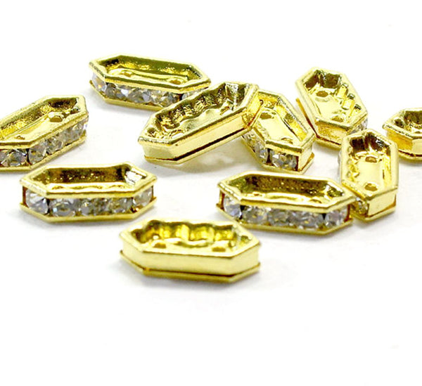50pcs Grade A 2-Hole Crystal Clear Rhinestone Beads, 18K Yellow Gold Plated Brass, 15mm Spacer Bar, CF37