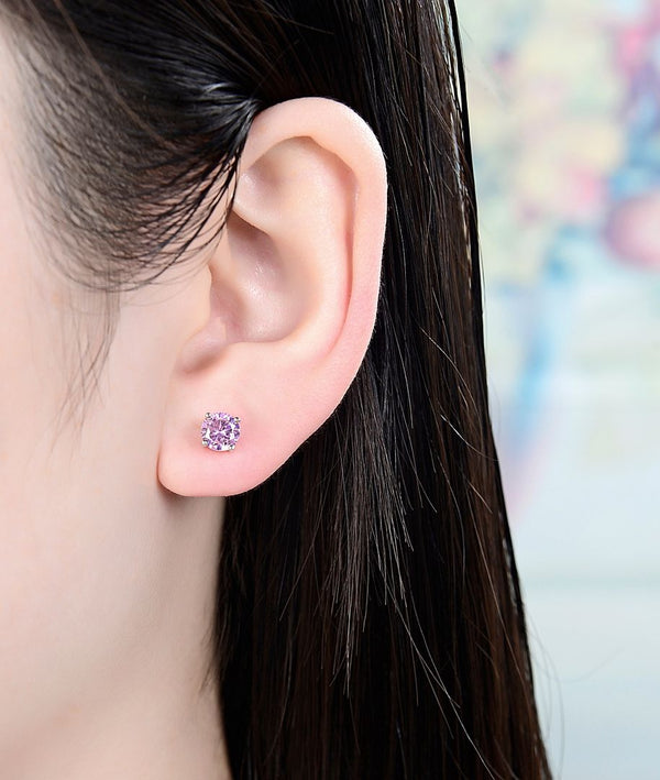 1 Pair 925 Sterling Silver October Birthstone Round Cut Stud Earrings, 6mm/0.84 Carat Cubic Zirconia CZ Pink Tourmaline Stone, SSE48-10