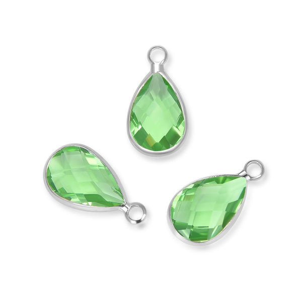 10pcs Grade A August Peridot Green Teardrop Birthstone Charm Drop, Sterling Silver Plated Brass, Size Selections: 11x7mm, 14x8mm, 16x9mm