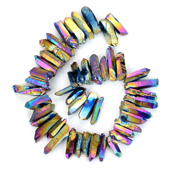 1 Strand Natural Raw Crystal Quartz Gemstone Beads, Medium Size Drilled Stone Points, Rainbow AB Titanium Coated Gem Stick, 15 Inch, GA-D5