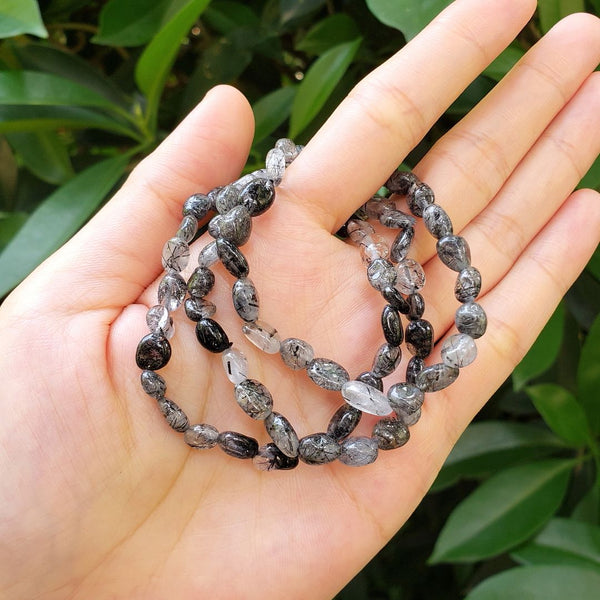 1 Strand Stretch Natural Grade A Black Quartz Rutilated Free Form Gemstone Bracelet, 5-8mm Small Beads, Length Selections: 7 inch/7.5 inch