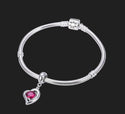 1pc 925 Sterling Silver Love Heart July Birthstone Charm Drop, Red Ruby Cubic Zirconia CZ, 26mm (1 inch) Long, Hole ID 4.5mm, EC1-E7