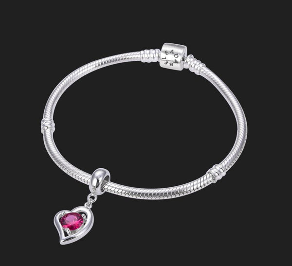 1pc 925 Sterling Silver Love Heart July Birthstone Charm Drop, Red Ruby Cubic Zirconia CZ, 26mm (1 inch) Long, Hole ID 4.5mm, EC1-E7