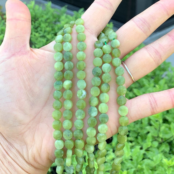Natural Green Nephrite Jade Gemstone Faceted Flat Round Coin Beads, 6mm, Hole ID 1mm, 15 Inch/1 Strand, GZ13-12