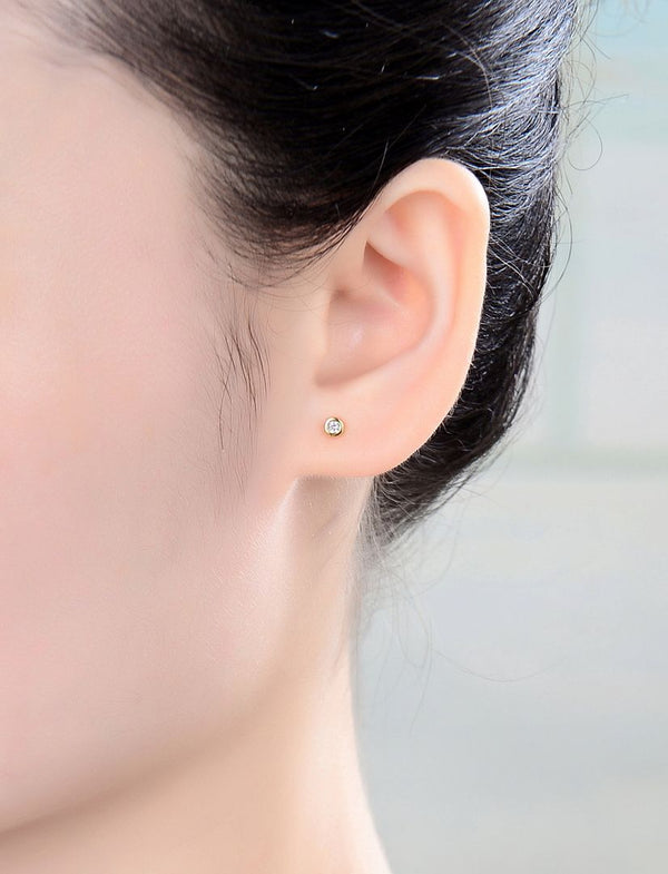 1 pair 18K Yellow Gold Plated Sterling Silver 3mm Bezel Stud Earrings, Round Cut Cubic Zirconia CZ Diamond, Small Tiny, SSE77-3