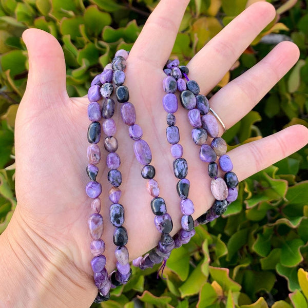 Natural Purple Charoite Gemstone Oval Tumbled Pebble Beads, Irregular, 6mm to 8mm, Hole ID 1mm, 15 Inch/1 Strand, GZ11-81