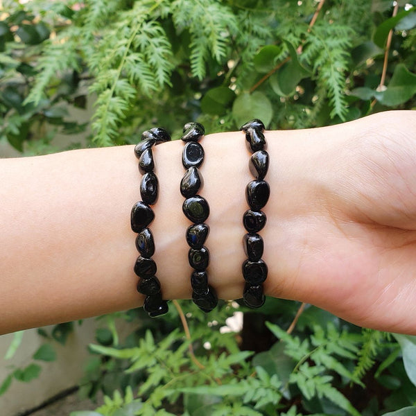 1 Strand Stretch Natural Black Tourmaline Free Form Gemstone Bracelet, 7-10mm Beads, Length Selections: 7 inch/7.5 inch